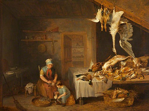 Game Larder with Dead Game, an Old Woman plucking a Partridge and a Boy, 1819, Benjamin Blake