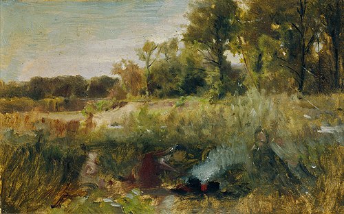 Aulandschaft mit Kindern am Feuer, 1875, Johann Till