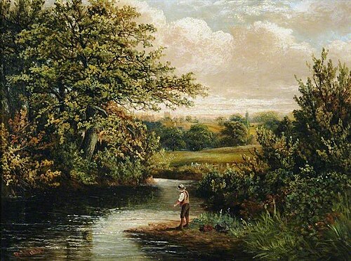 A Boy Fishing in a Wooded River Landscape, , Benjamin Hold