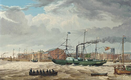 The Hull Steam Packet Co.'s paddlesteamer Victoria proceeding past the Hull waterfront, 1828, Thomas Binks