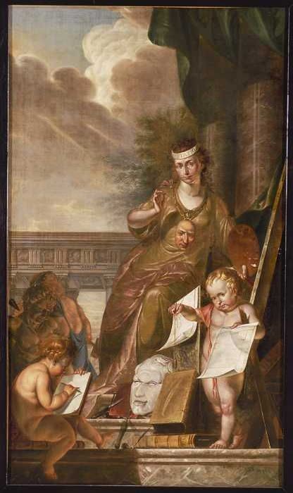 Schoorsteenstuk "Imitatio", allegorie op de Beeldende Kunsten en Bouwkunst, 1794, Johannes Zacharias Simon Prey