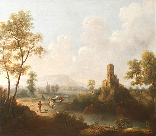 River Landscape with Ruined Tower and Herdsmen with Cattle, 1849, John Anderson
