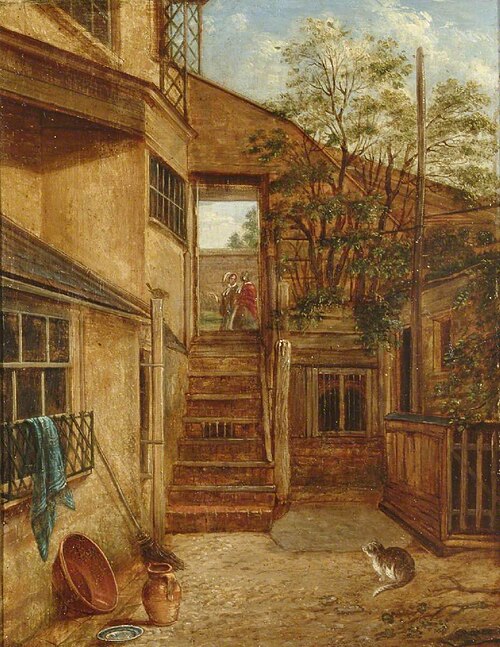 Courtyard with Cat and Robin, South Street, Dorking, Surrey, 1852, John Beckett