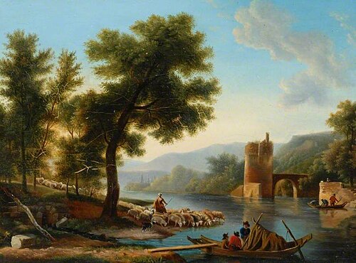 Landscape with a River, Boats, Sheep and a Tower, 1821, Frans Swagers