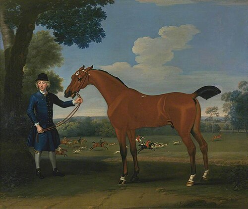 A Bay Hunter Held by a Groom, with a Stag-Hunt in the Background, 1750, Thomas Spencer
