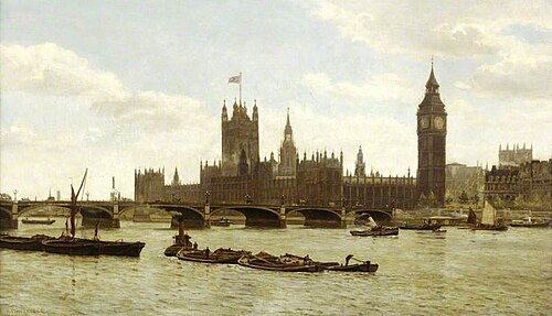 Westminster Bridge and the Houses of Parliament from the River, London, 1890, Frederic Almore Winkfield