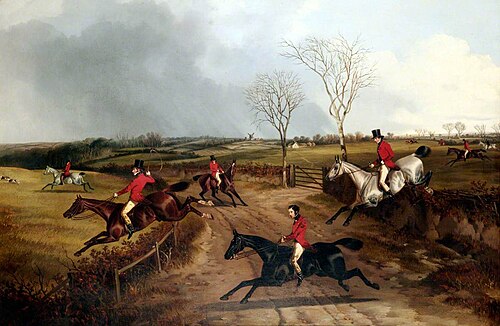 The Lane: Members of a Hunt Jumping the Fences by a Lane, 1849, John Dalby