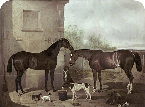 Two Horses with Dogs, Outside a Stable, 1855, John Dalby