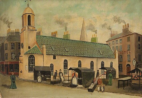 Old St Matthew's Church and Douglas Market Place, 1910, Frederick Gill