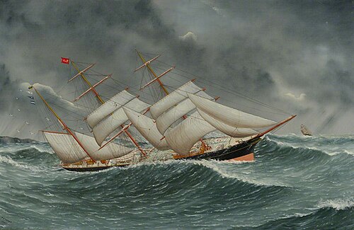 The barque ‘Camphill’ in a rough sea, 1900, John Fannen
