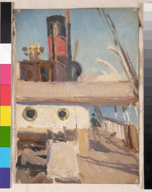 Deck view on a steamer, aft from before the bridge, , John Fraser