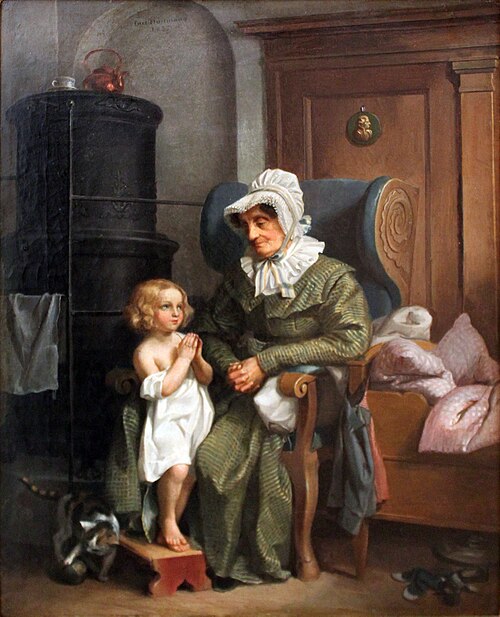 Grandmother with praying child, 1837, Carl Hartmann