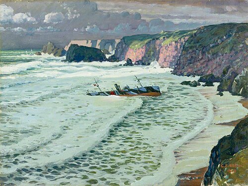 Pentreath Beach, Cornwall with Wreck of the ST 'Maud', 11 February 1912, 1918, Geoffrey Stephen Allfree