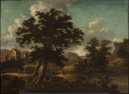 Landscape with a bridge, a large tree and travellers, , Georg Heinrich Hergenröder