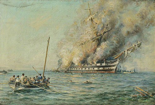 HMS Bombay on fire, , George Cochrane Kerr