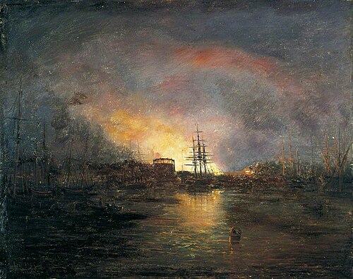 Ipswich Docks with Distant Conflagration, , John Moore of Ipswich
