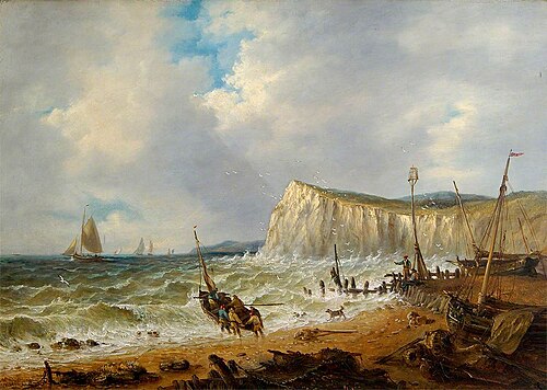 Beach Scene with Fishermen Launching a Boat in a Rough Sea and a Chalk Cliff Beyond, , John Moore of Ipswich