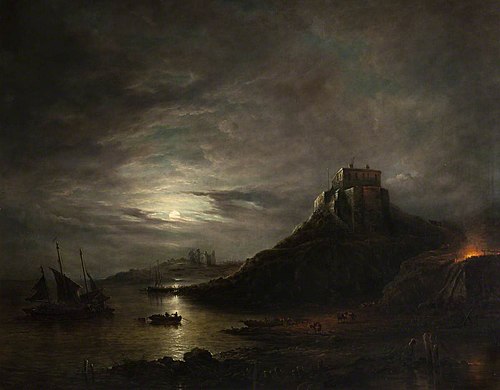 Lindisfarne Castle and Abbey, Holy Island, by Moonlight, 1877, John Moore of Ipswich