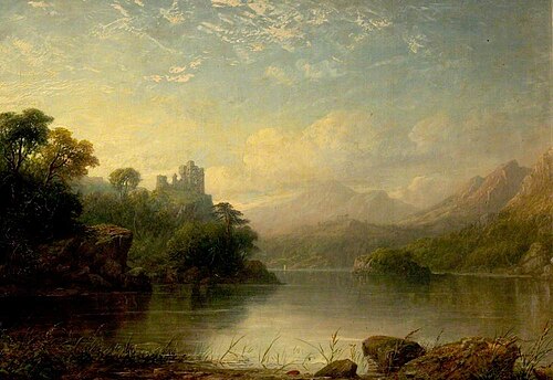 Lake Scene with Ruined Castle and Mountains, , George Frederick Buchanan
