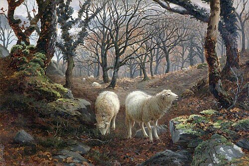 Sheep on a Wooded Hillside, 1891, Charles Henry Branscombe