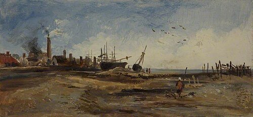 Beach with Village, Boats and a Walking Figure, , George Hornblower Simms