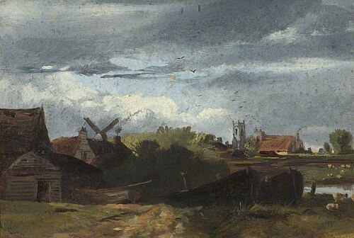 River Bank with Church Tower and Windmill, , George Hornblower Simms