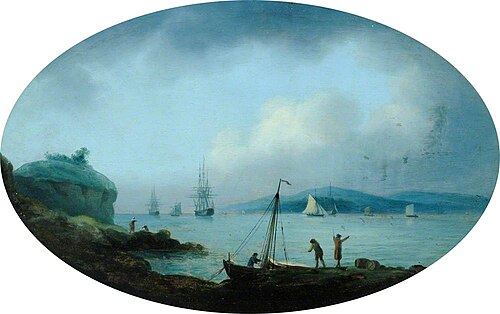 View across Plymouth Sound from Barbican, Devon (Sutton Pool towards Drake Island with Mount Edgecum, 1787, Charles James Sartorius