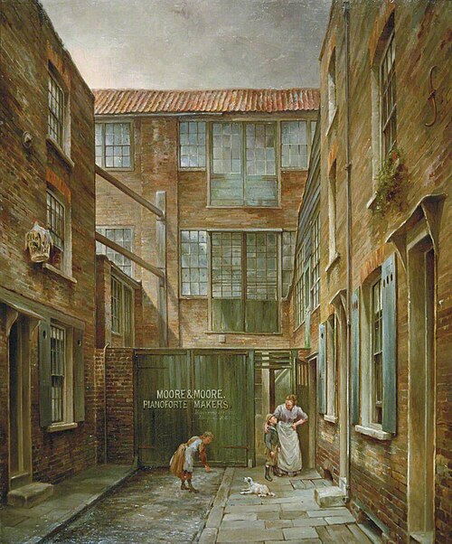 Newnham's Place, Bishopsgate, London, with Moore and Moore's Piano Factory, 1890, Walter Riddle