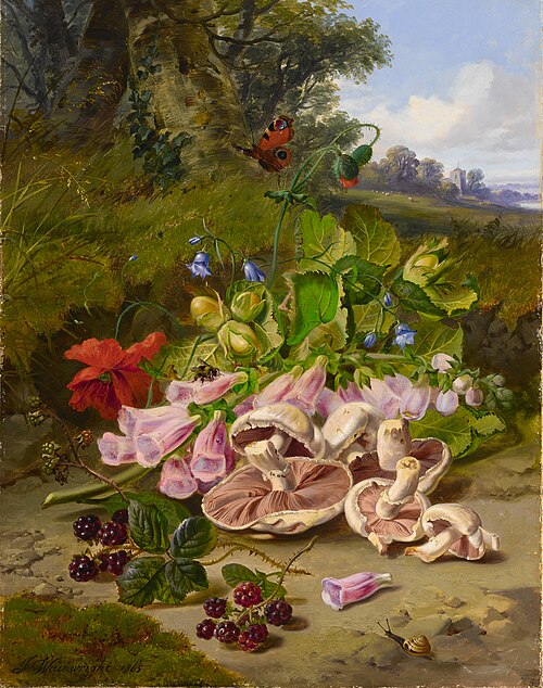 Still Life with Fruit and Flowers in a Landscape, 1865, John Wainwright