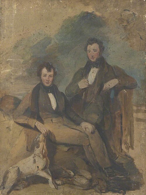 Portrait of Two Seated Men with a Dog (unfinished), 1835, George Sheffield Senior