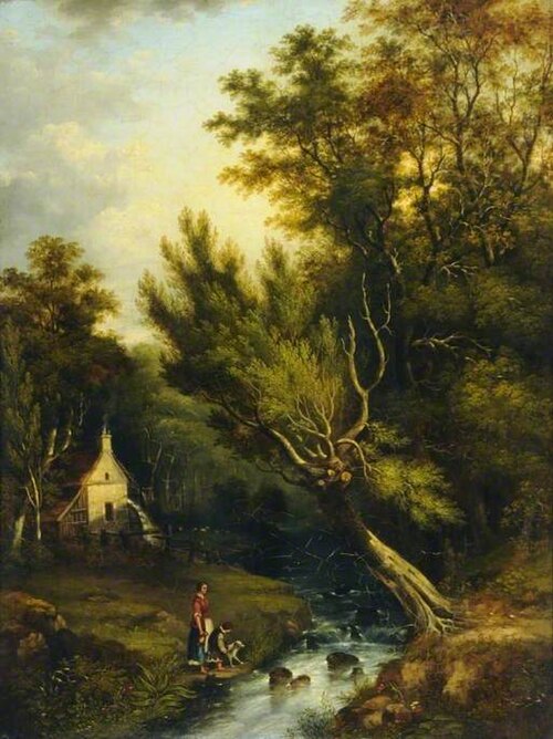 Landscape, Watermill and Figures by a Stream, 1860, John Warkup Swift