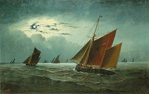 Seascape, Fishing Boats by Moonlight, 1884, George Vemply Burwood