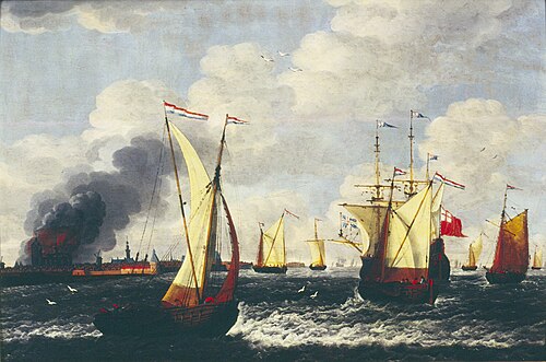 View of Veere with the burning Grote Kerk (1686), 1688, Gerrit Pompe