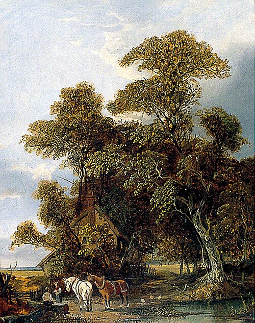 Cottage Landscape with Figures and Horses by a Pond, , Joseph Paul