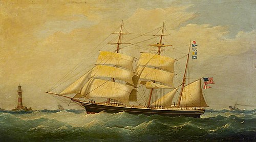 The barque Grampus passing a lighthouse, 1871, Joseph Semple