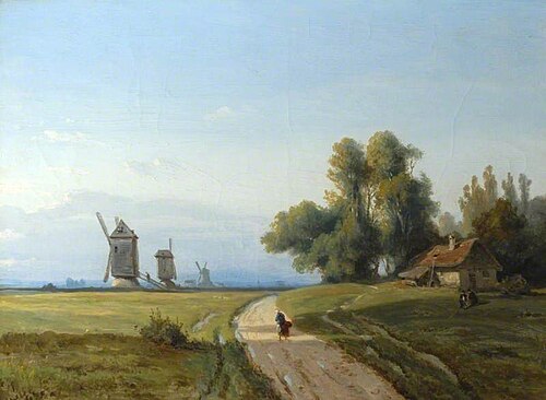 Landscape with Trees and a Cottage, Windmills in the Distance, 1867, Joséphine Bowes