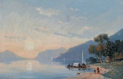 Lake with Boatmen at Sunset, 1867, Joséphine Bowes