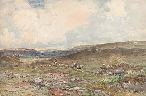 Moorland with Sheep and Shepherd, , Claude Hayes