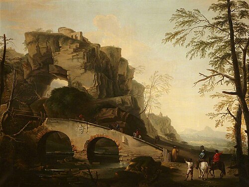 Classical Landscape with Cliffs, Bridge and Travellers (after Salvator Rosa), 1879, Pietro Antonio Sasso