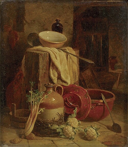 Still Life of Kitchen Utensils and Vegetables, 1868, William Hughes