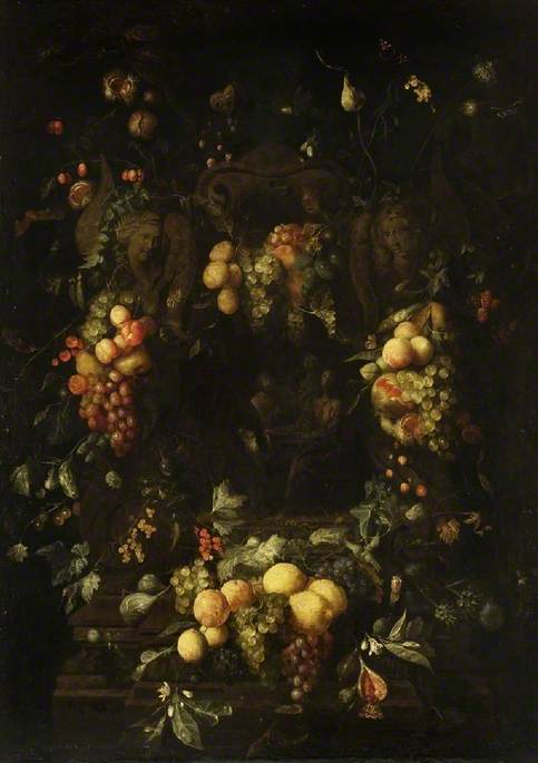 Still-life of fruit, with the Supper at Emmaus, , Guilliam de Vries