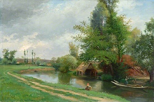 River Landscape with Figures and Buildings, , Gustave Noël