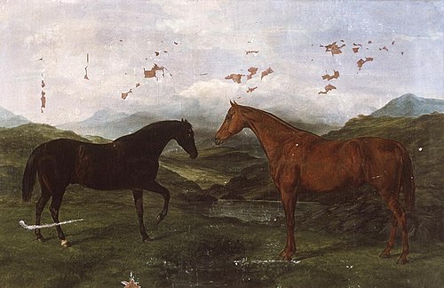 Two hunting horses in landscape, 1890, William Luker