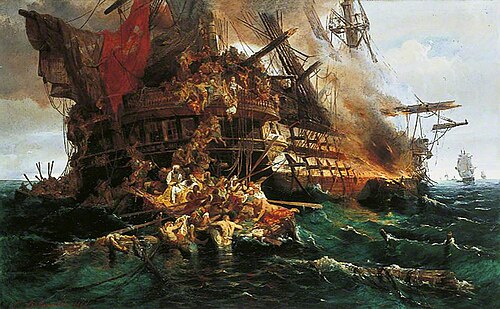 A Turkish Warship on Fire, 1868, Constantin Bolonachi