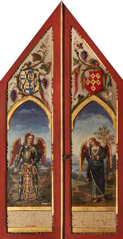 Triptych with the Archangels Michael (after Perugino) and Raphael (outsides of wings), 1884, Rebecca Dulcibella Ferrers
