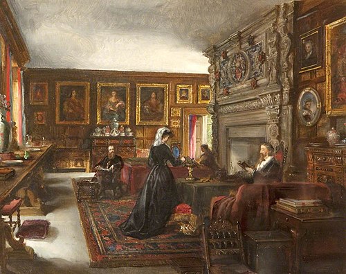 The Great Hall, Baddesley Clinton, with Mr and Mrs Mamion Ferrers, Edward Heneage Dering and Lady Ch, 1870, Rebecca Dulcibella Ferrers