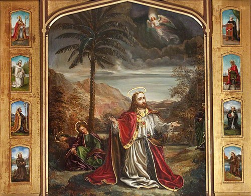 Christ in the Garden of Gethsemane surrounded by Eight Figures of Saints, 1877, Rebecca Dulcibella Ferrers