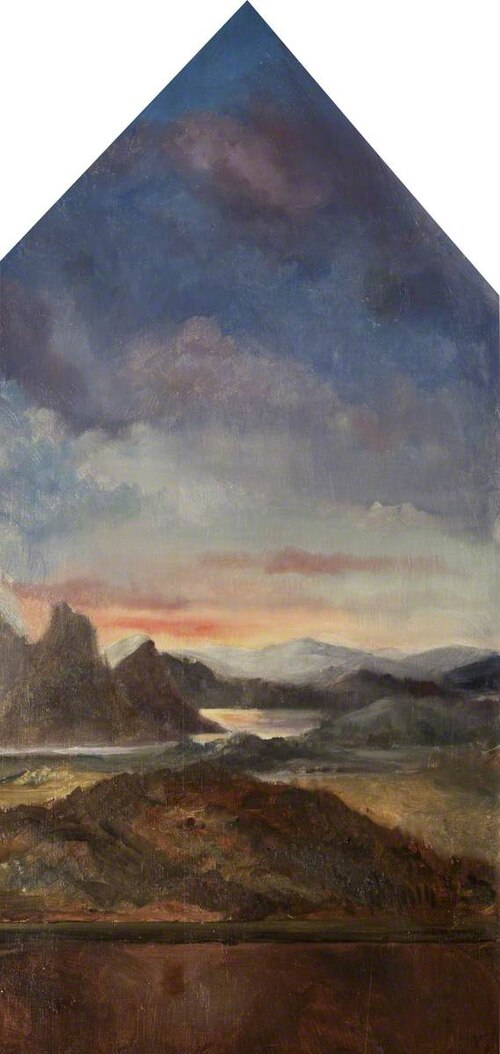 Triptych: Evening Landscape with River and Mountains (centre) and The Virgin Mary (left) and Saint J, 1884, Rebecca Dulcibella Ferrers