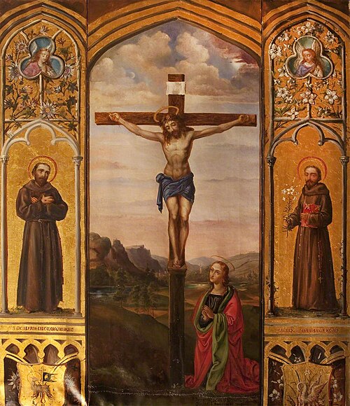 Triptych with Christ crucified with Saint Mary Magdalen (after Pietro Perugino), and Saint Francis a, 1890, Rebecca Dulcibella Ferrers