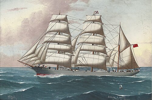 The three-masted steel barque ‚Penrhyn Castle‘ under full canvas, 1911, Reginald Arthur Borstel